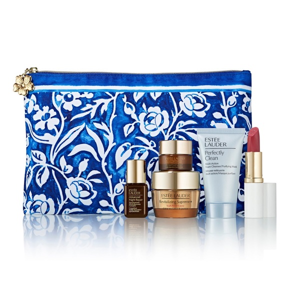 Estee Lauder Blue Floral Bag with Skincare and Lipstick - Picture 1 of 4